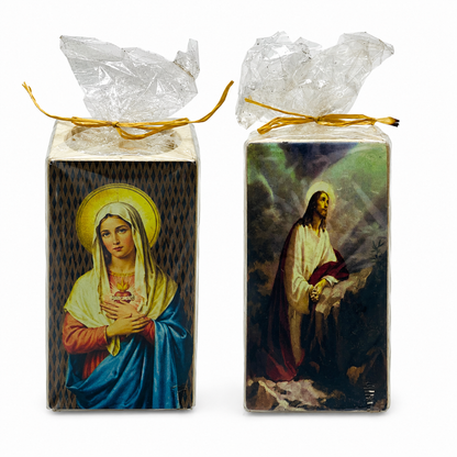 Religious Tealight Candle Holder with Virgin Mary & Jesus Artwork, Prayer Decor, 12cm