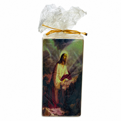 Religious Tealight Candle Holder with Virgin Mary & Jesus Artwork, Prayer Decor, 12cm
