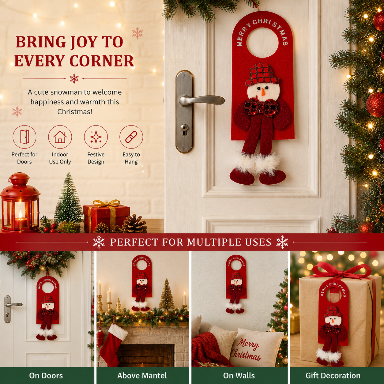 Merry Christmas Snowman Door Hanger Decoration – Plush Holiday Hanging Sign with Dangling Legs | Red | 30 x 10 cm