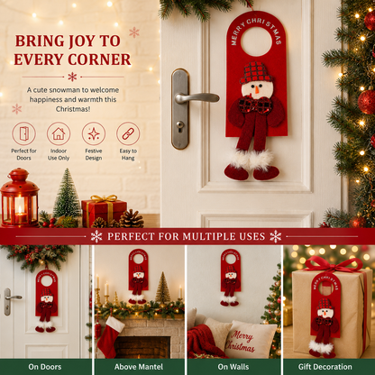 Merry Christmas Snowman Door Hanger Decoration – Plush Holiday Hanging Sign with Dangling Legs | Red | 30 x 10 cm
