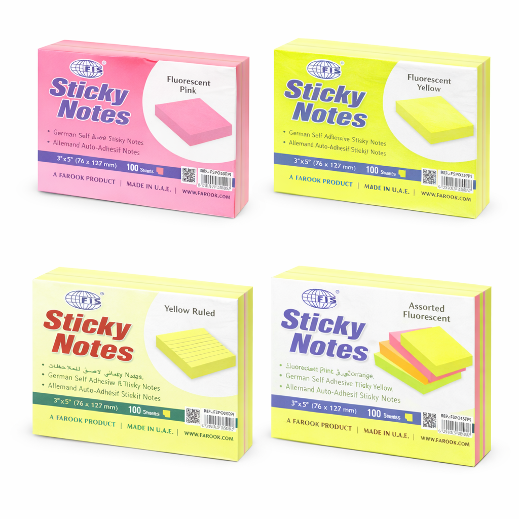 FIS Sticky Notes 3x5 Inch 100 Sheets Self Adhesive Notes Pad Fluorescent & Plain Colours