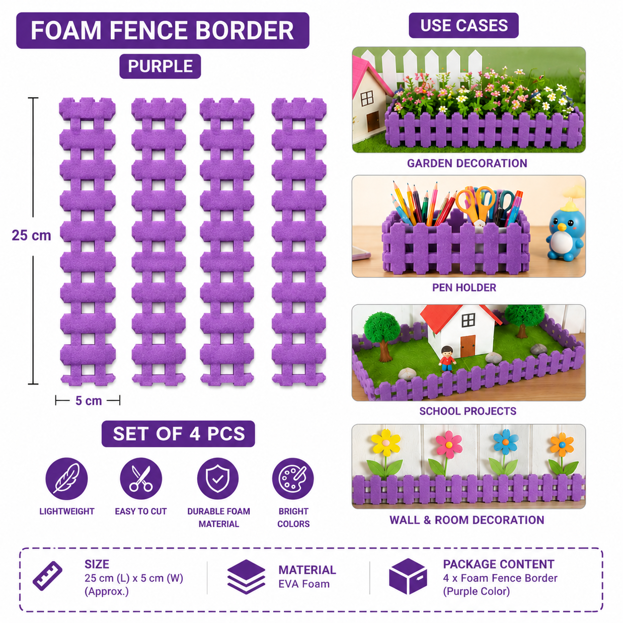 EVA Foam Fence Border Strip for DIY Crafts & Decoration – 25 x 5 cm – Set of 4