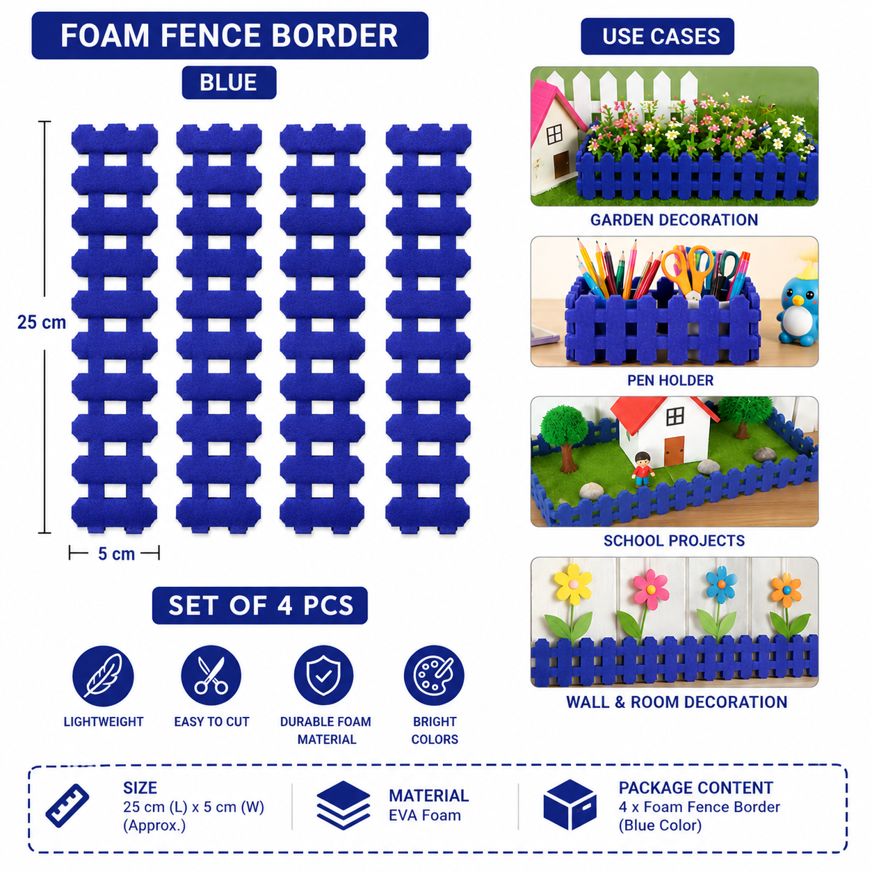 EVA Foam Fence Border Strip for DIY Crafts & Decoration – 25 x 5 cm – Set of 4