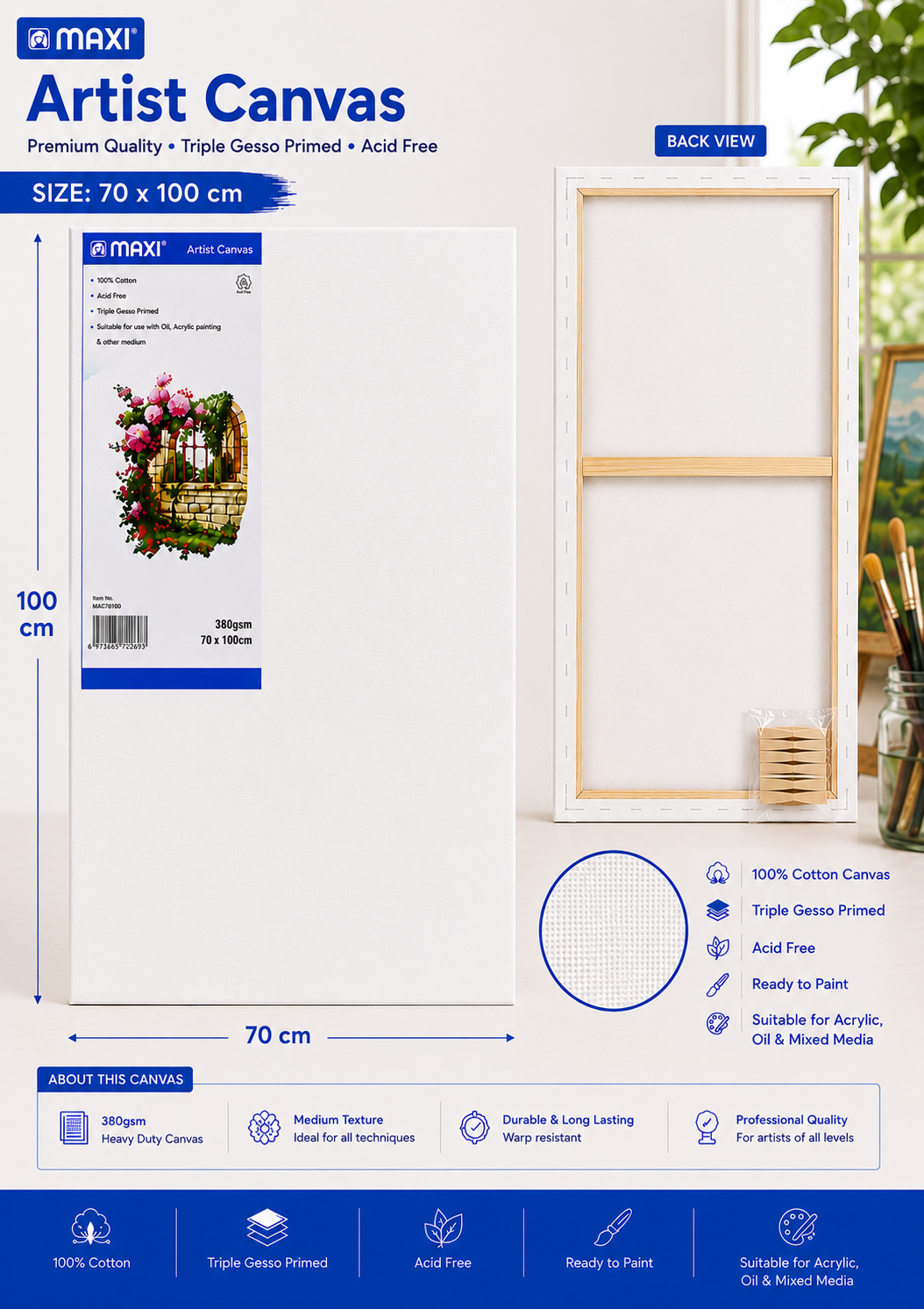 MAXI Artist Canvas Board Multiple Sizes for Acrylic Oil Painting and Crafts