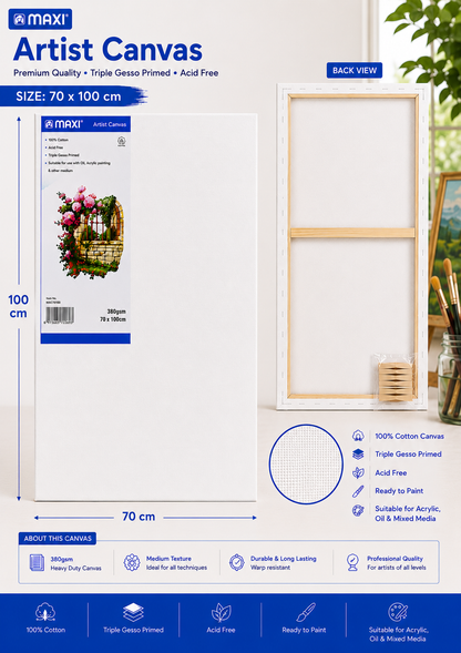 MAXI Artist Canvas Board Multiple Sizes for Acrylic Oil Painting and Crafts