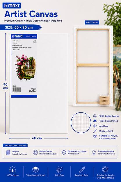MAXI Artist Canvas Board Multiple Sizes for Acrylic Oil Painting and Crafts