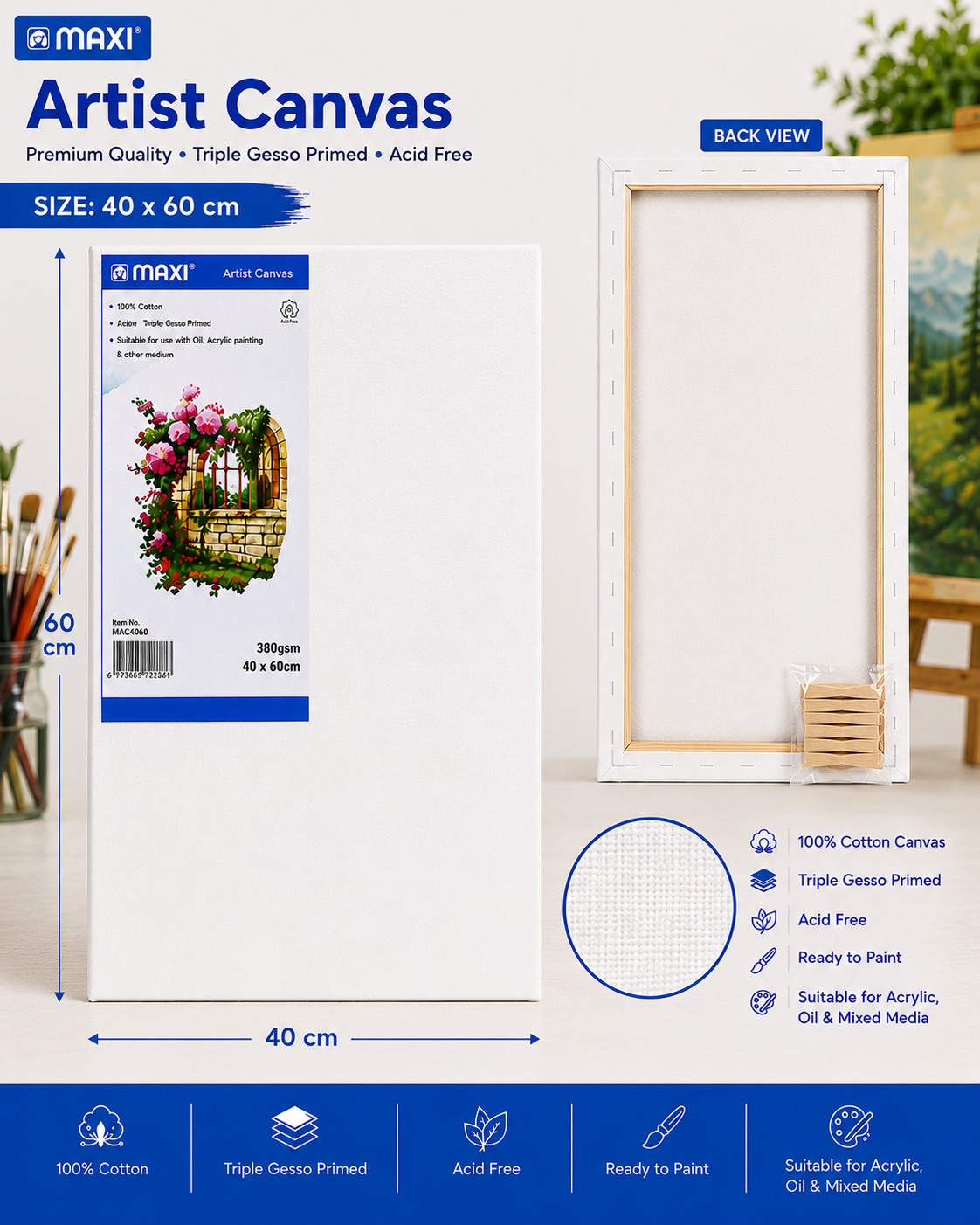 MAXI Artist Canvas Board Multiple Sizes for Acrylic Oil Painting and Crafts