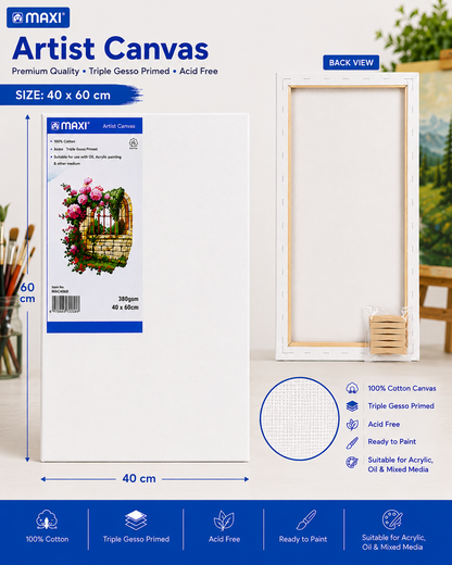 MAXI Artist Canvas Board Multiple Sizes for Acrylic Oil Painting and Crafts