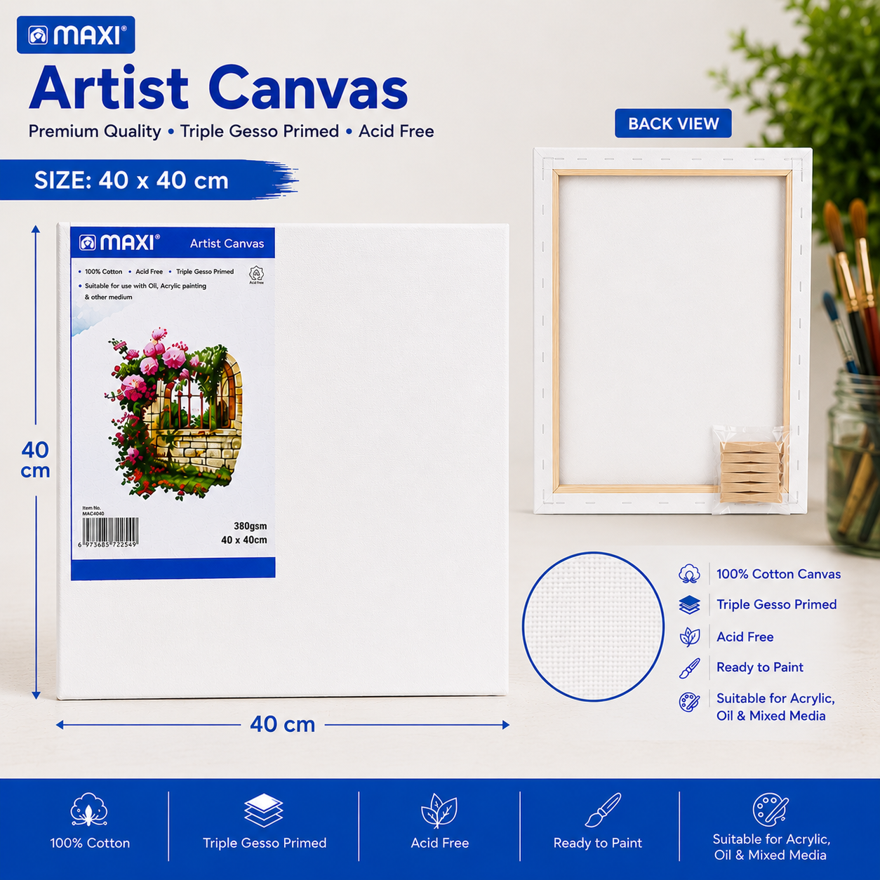 MAXI Artist Canvas Board Multiple Sizes for Acrylic Oil Painting and Crafts