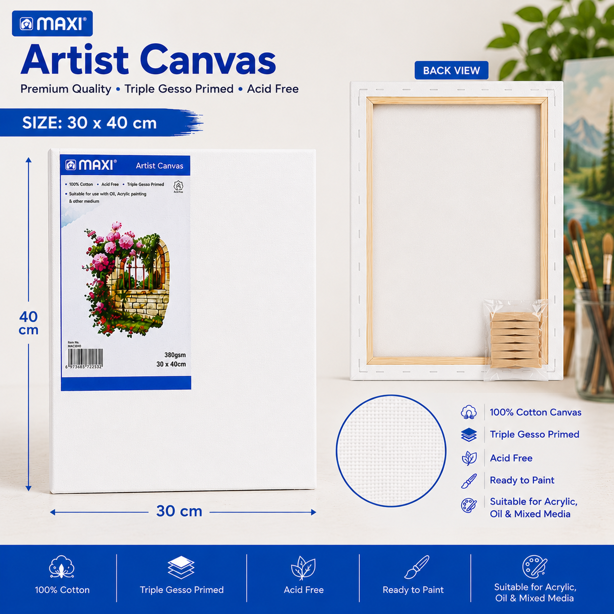 MAXI Artist Canvas Board Multiple Sizes for Acrylic Oil Painting and Crafts