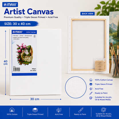 MAXI Artist Canvas Board Multiple Sizes for Acrylic Oil Painting and Crafts