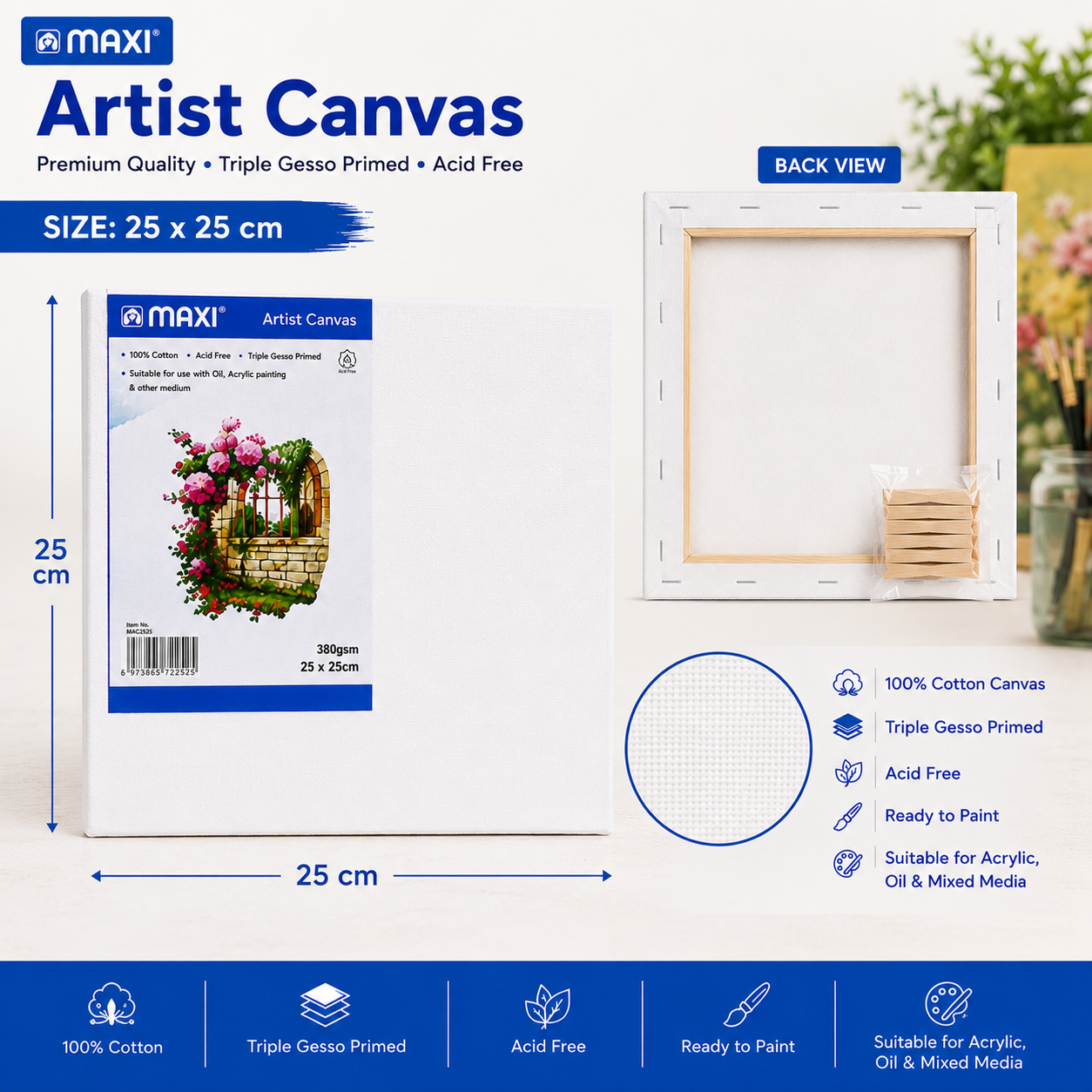 MAXI Artist Canvas Board Multiple Sizes for Acrylic Oil Painting and Crafts