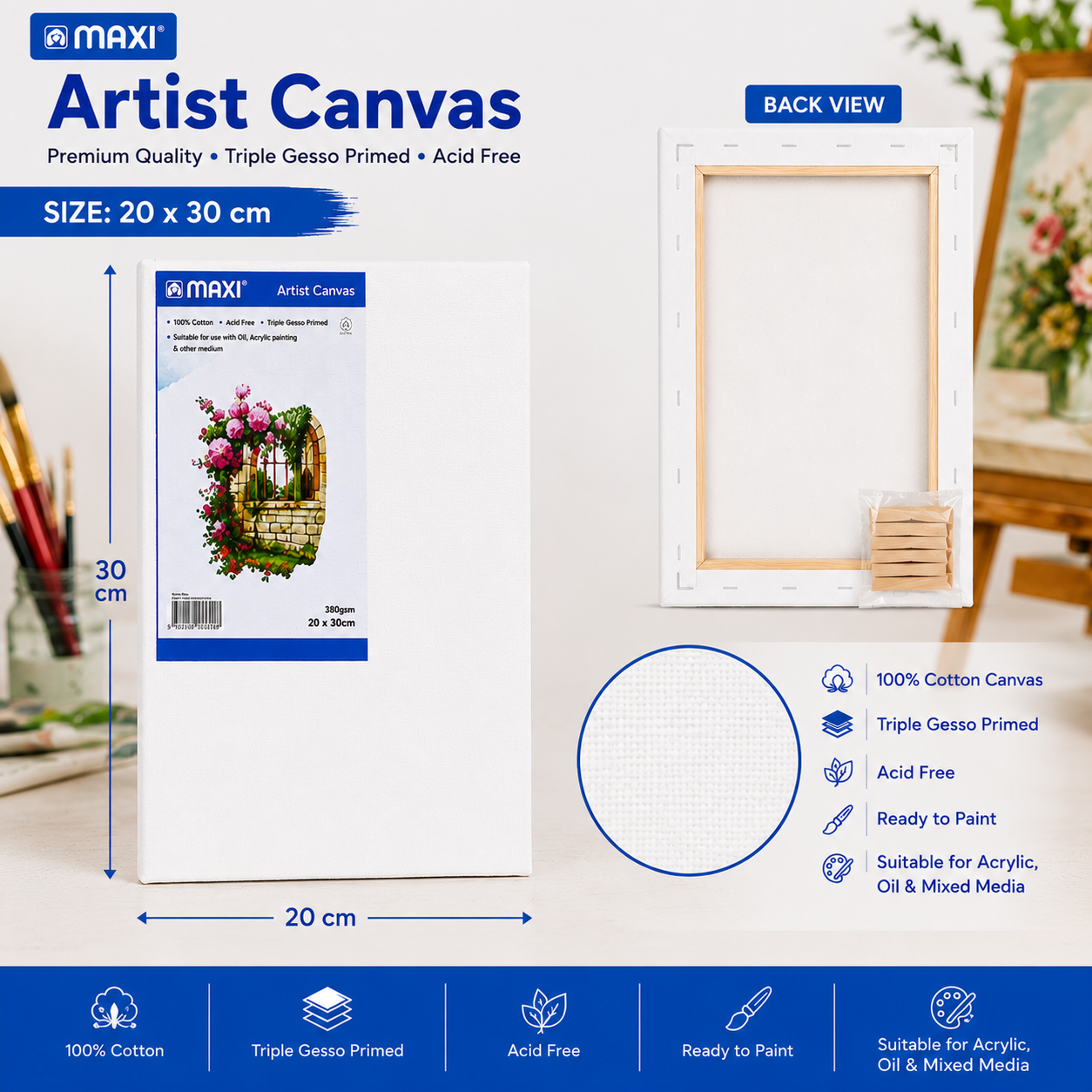 MAXI Artist Canvas Board Multiple Sizes for Acrylic Oil Painting and Crafts