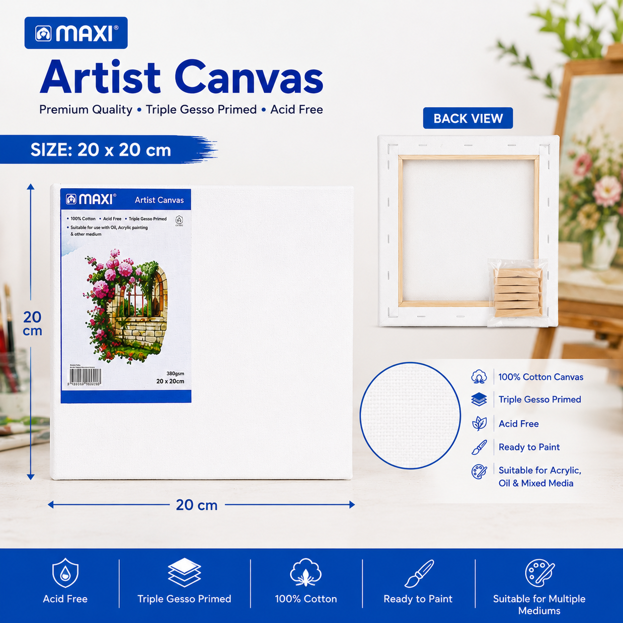 MAXI Artist Canvas Board Multiple Sizes for Acrylic Oil Painting and Crafts