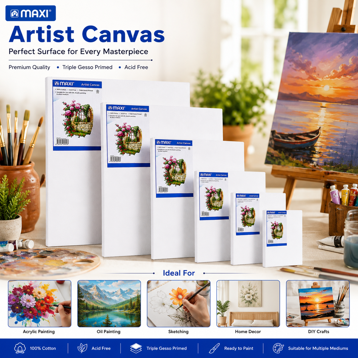 MAXI Artist Canvas Board Multiple Sizes for Acrylic Oil Painting and Crafts