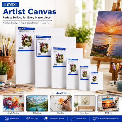 MAXI Artist Canvas Board Multiple Sizes for Acrylic Oil Painting and Crafts