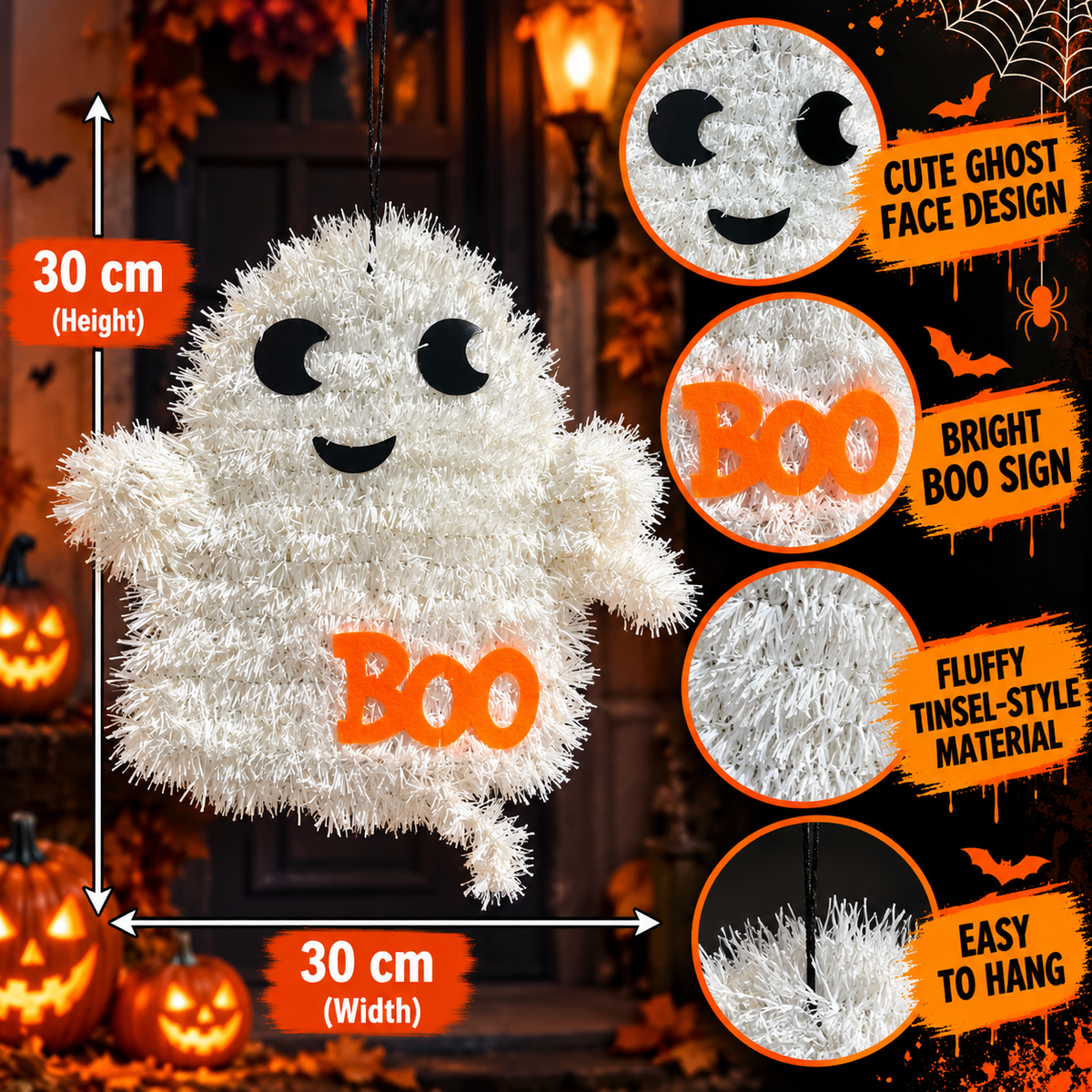 Halloween White Fluffy Hanging Ghost with BOO Sign – Cute Party Decoration