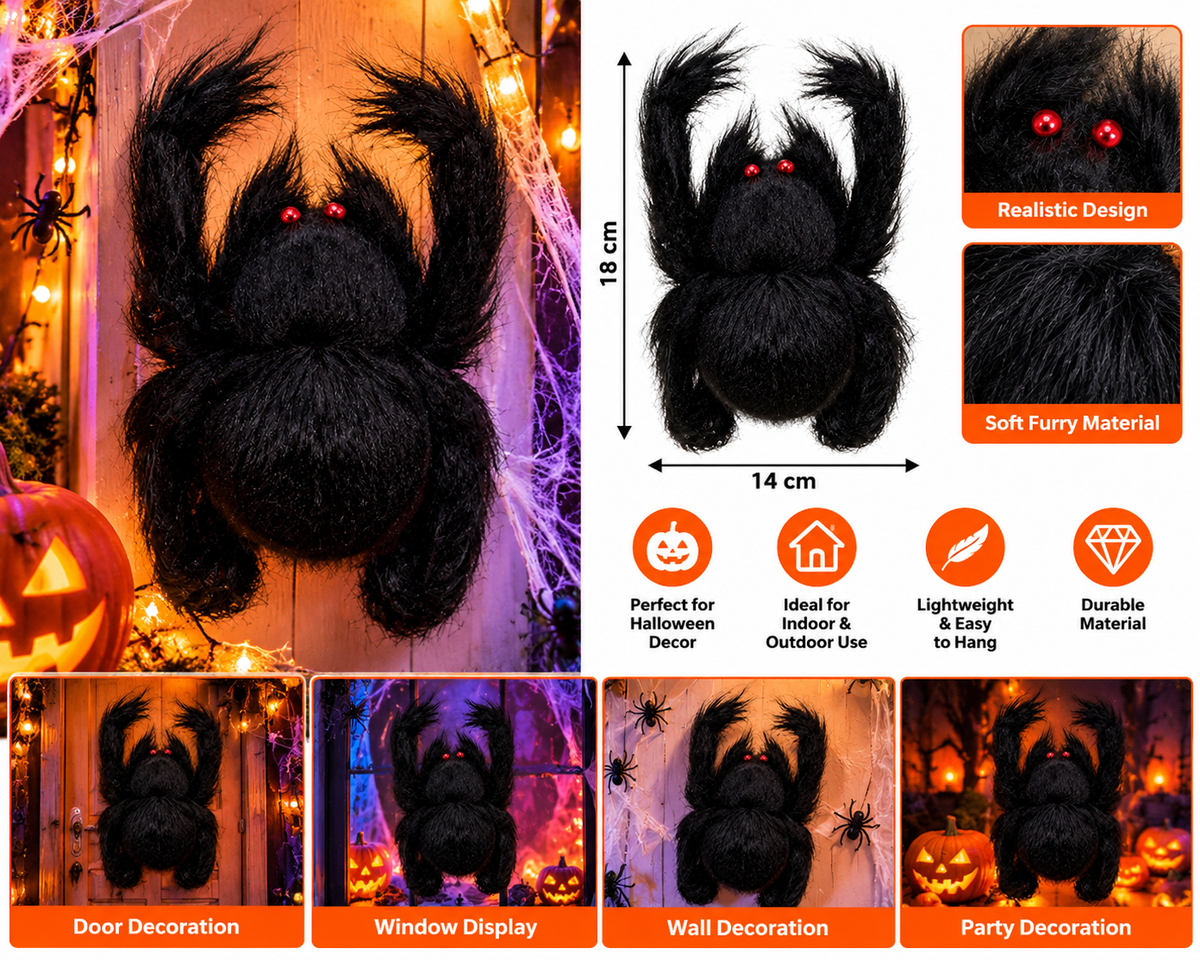 Halloween Hairy Black Spider Decoration, 25 x 20CM