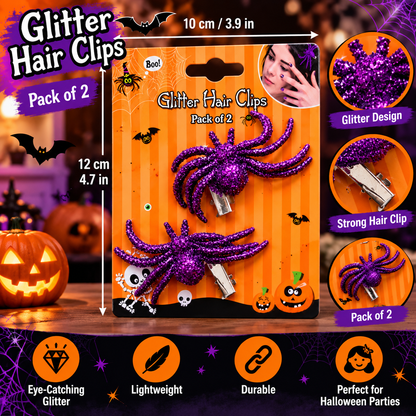 Halloween Purple Glitter Spider Hair Clips – Pack of 2 | Spooky Hair Accessories
