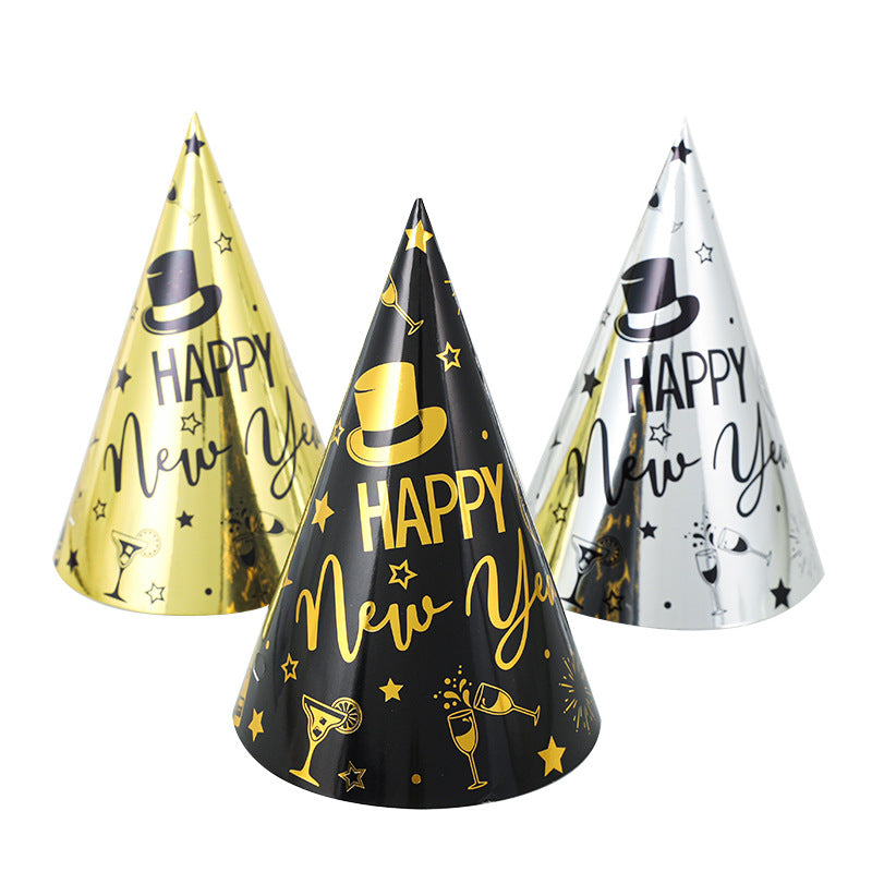 Happy New Year Cone Party Hats – Gold, Black, Silver (3 PCS)