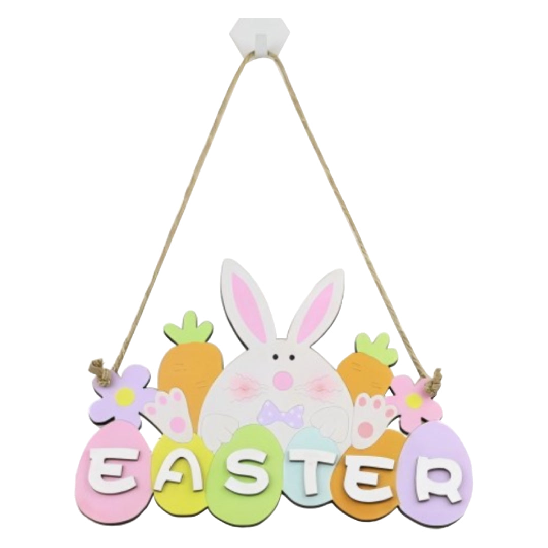 Happy Easter Bunny Hanging Sign – Wooden Egg Letter Decor 15cm