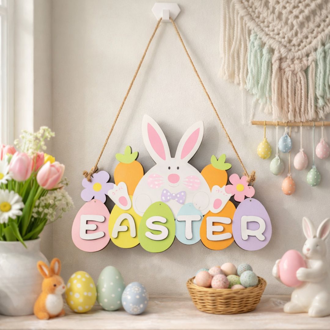 Happy Easter Bunny Hanging Sign – Wooden Egg Letter Decor 15cm