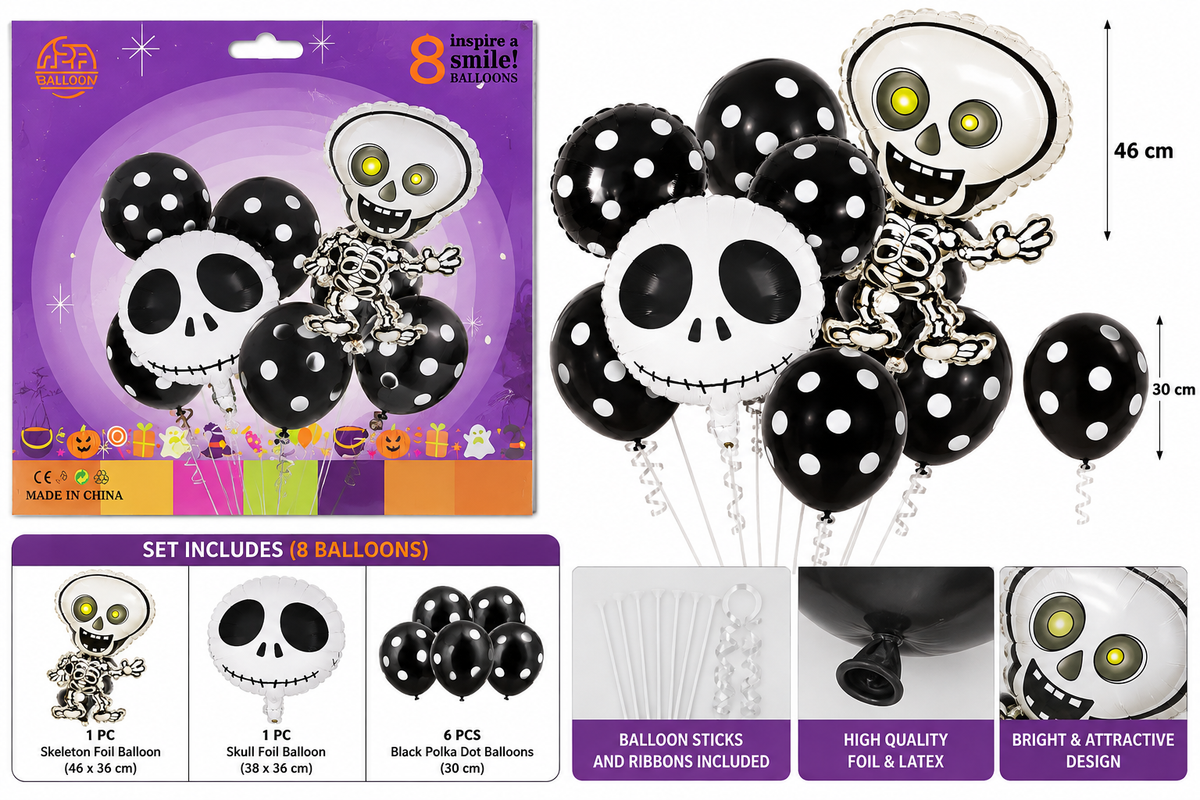 Halloween Balloon Set with Skull & Skeleton Foil Balloons, Black Polka Dot Party Balloons, 8PCS