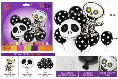 Halloween Balloon Set with Skull & Skeleton Foil Balloons, Black Polka Dot Party Balloons, 8PCS