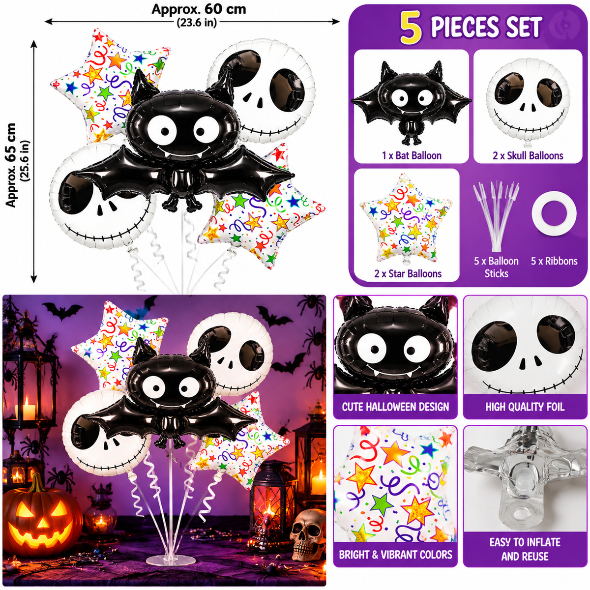 Halloween Bat, Skull & Star Balloon Set, 5PCS