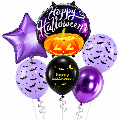 Halloween Balloon Decoration Set – 6 Pcs Purple & Black Pumpkin and Bat Balloons
