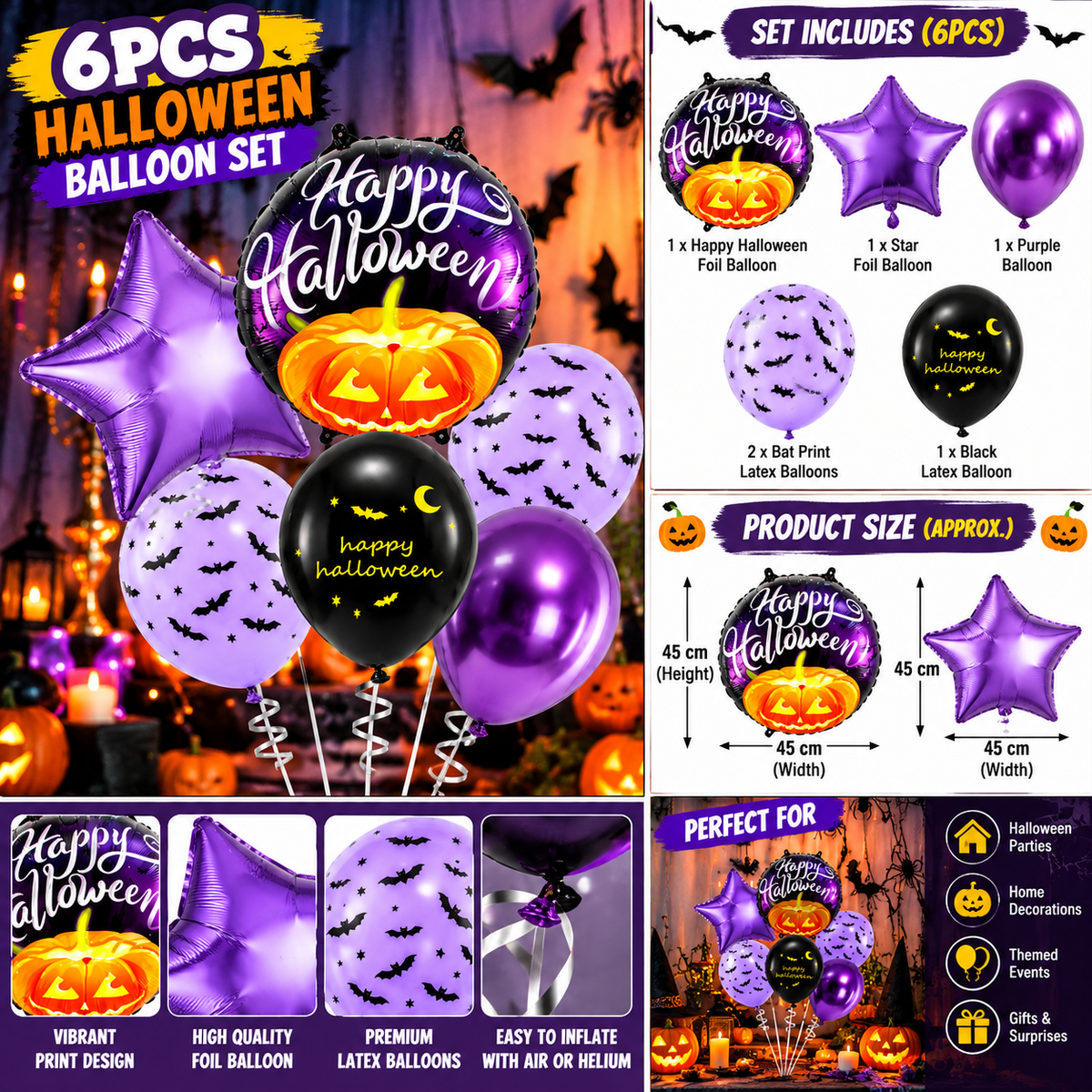 Halloween Balloon Decoration Set – 6 Pcs Purple & Black Pumpkin and Bat Balloons