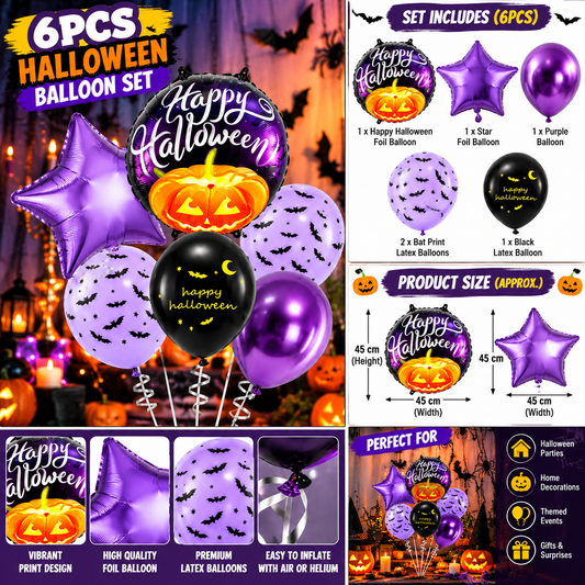 Halloween Balloon Decoration Set – 6 Pcs Purple & Black Pumpkin and Bat Balloons