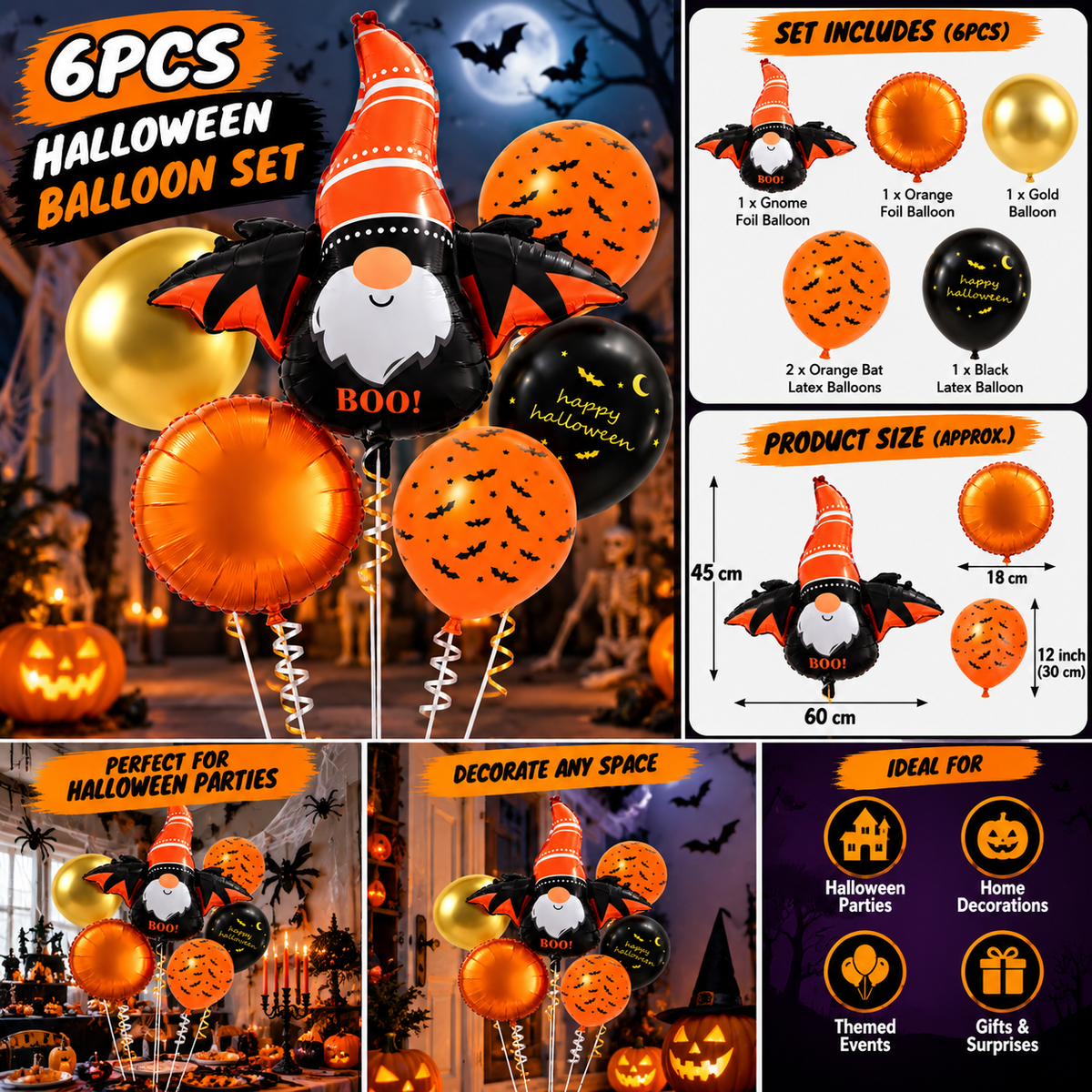 Halloween Balloon Decoration Set – 6 Pcs Purple & Black Pumpkin and Bat Balloons