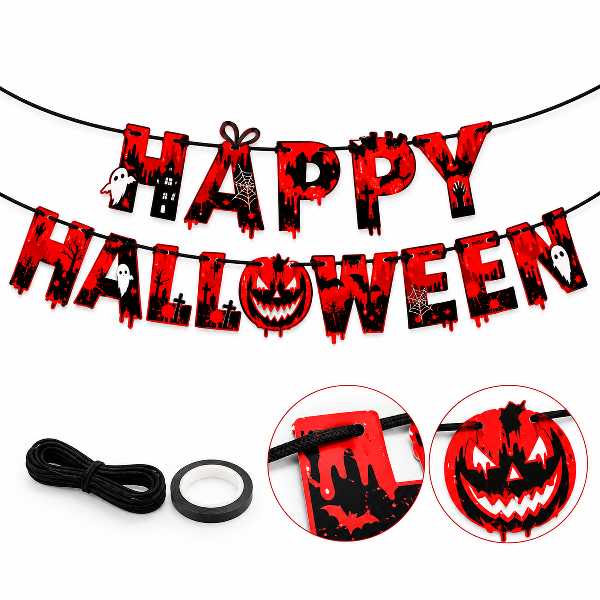 Halloween Bat & Haunted House Hanging Banner Set, 10PCS