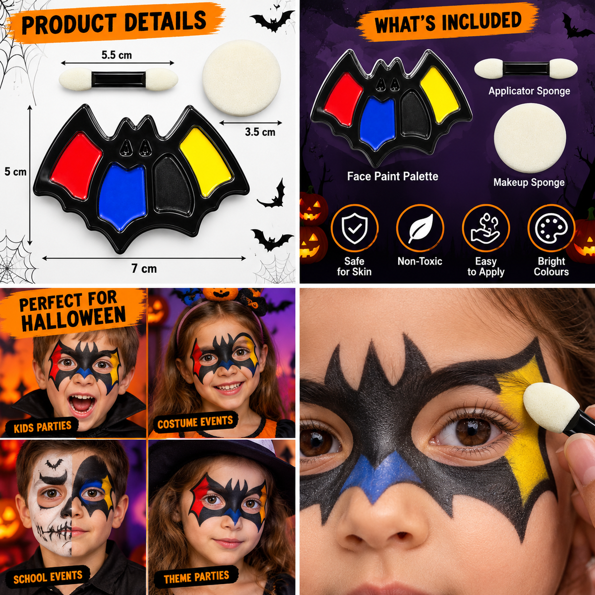 Halloween Bat Face Paint Makeup Kit – 4 Colours with Sponge Applicators