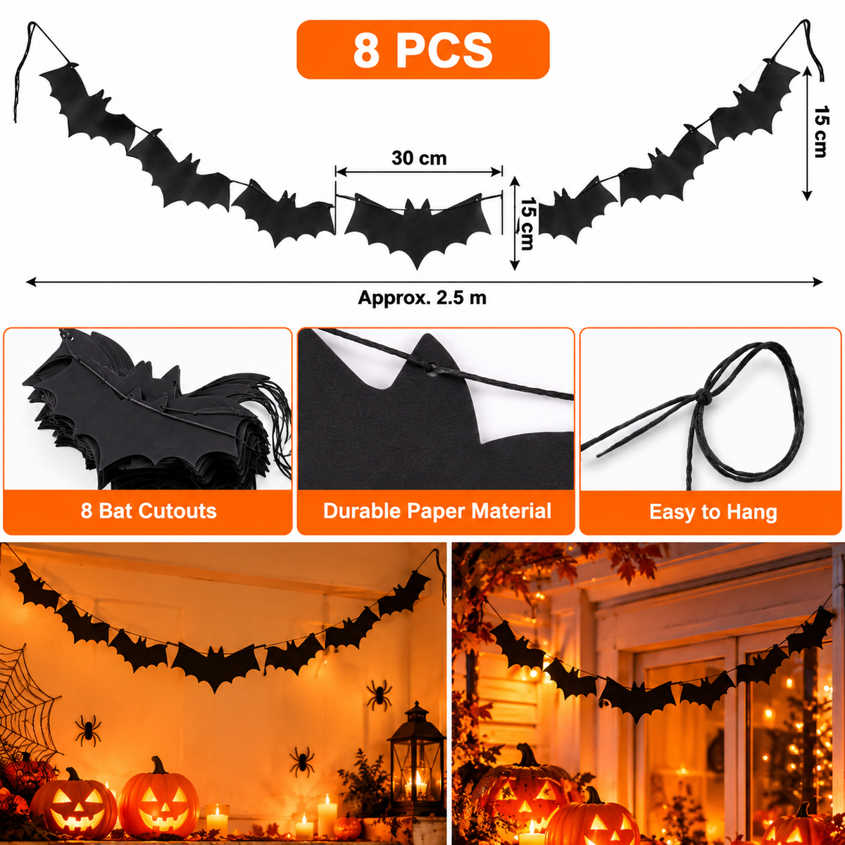 Halloween Black Bat Paper Garland, 8 Pcs, 2.5M