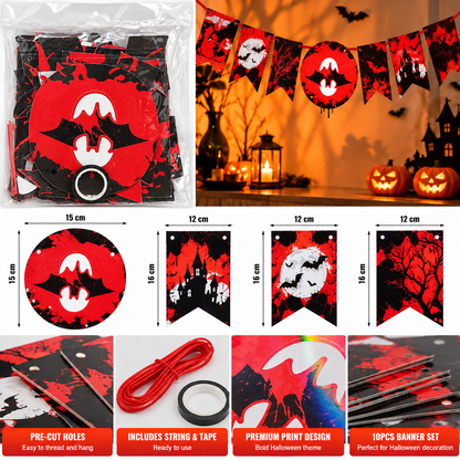 Halloween Bat & Haunted House Hanging Banner Set, 10PCS