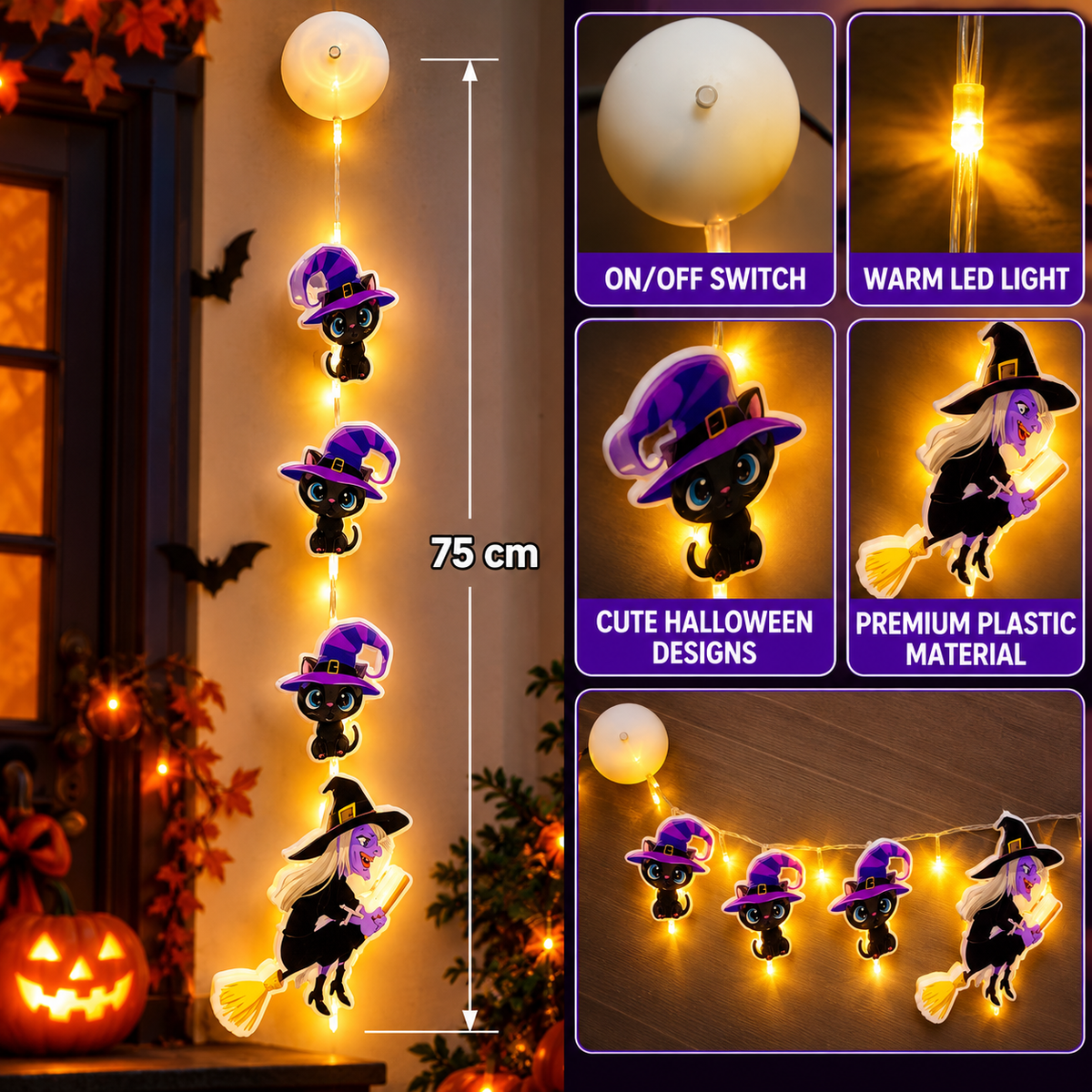 Halloween LED Witch & Black Cat Hanging Decoration, 75CM
