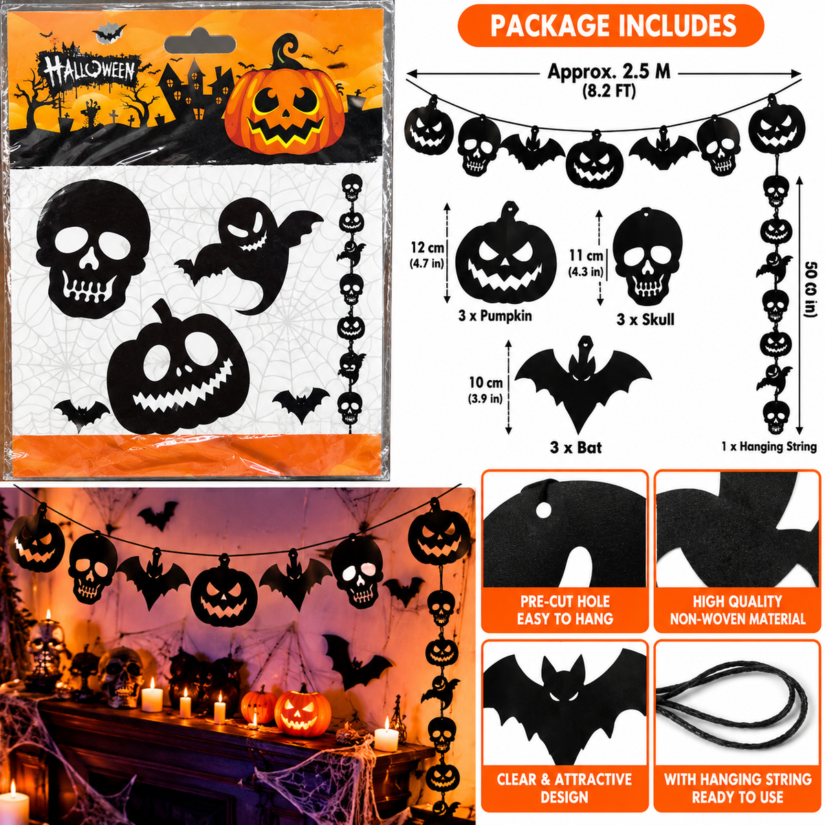 Halloween Pumpkin Skull & Bat Hanging Garland, 2.5M
