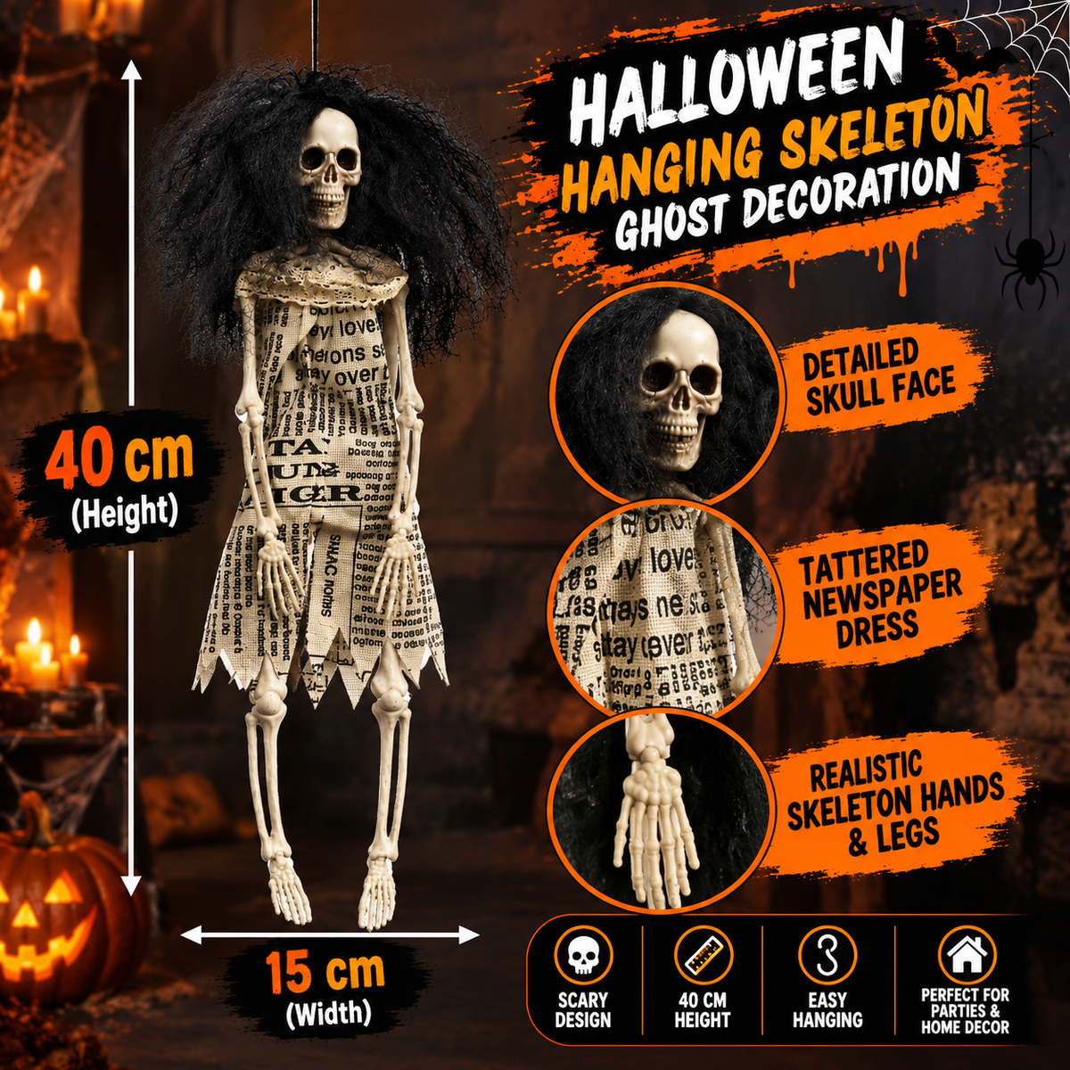 Halloween Hanging Skeleton Girl with Black Hair – Scary Ghost Doll Decoration, 40 cm