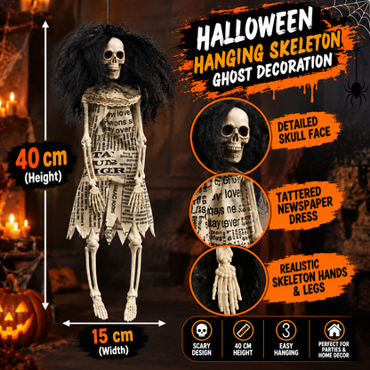 Halloween Hanging Skeleton Girl with Black Hair – Scary Ghost Doll Decoration, 40 cm