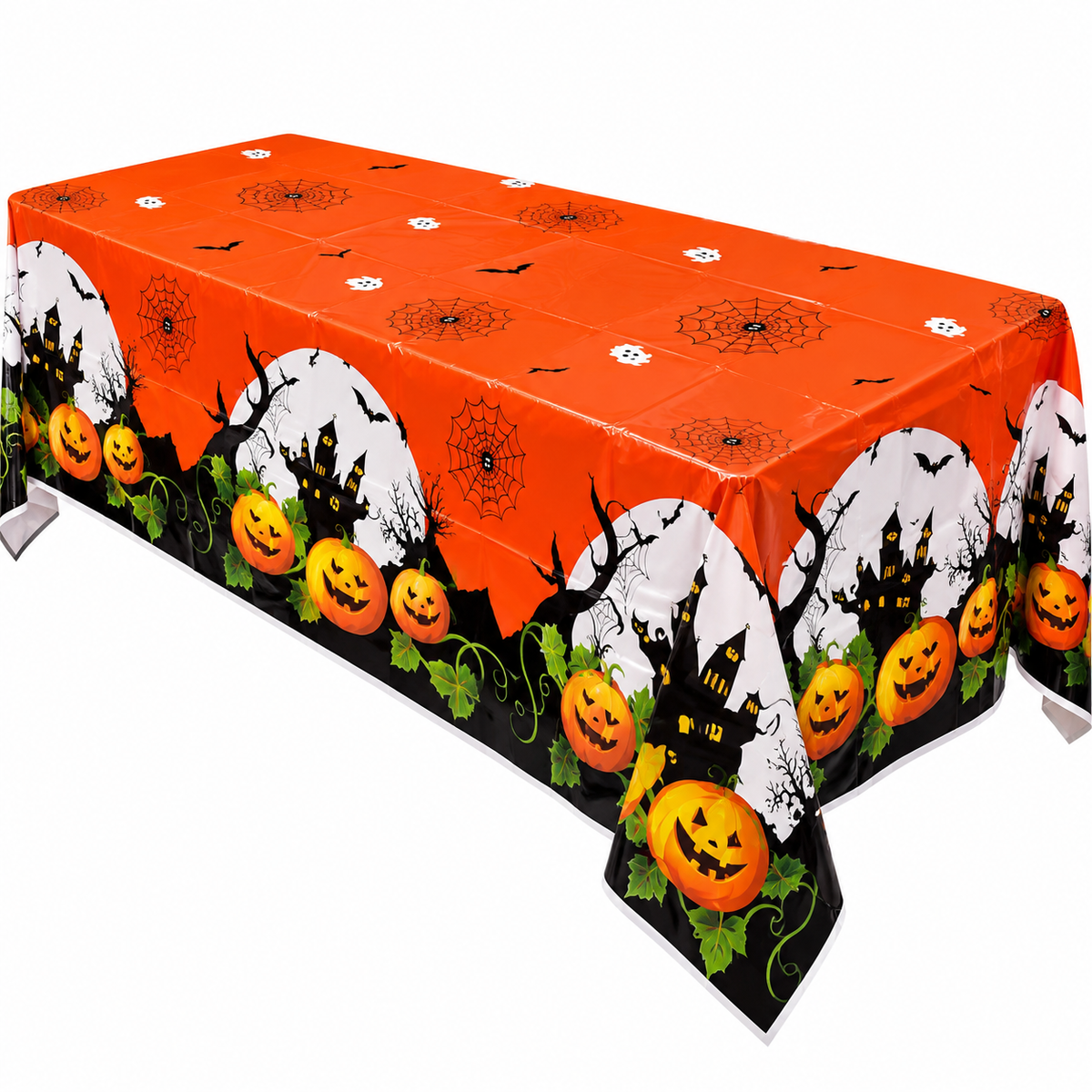 Halloween Pumpkin & Haunted House Plastic Tablecloth – Orange Rectangular Party Table Cover 137 × 183 cm