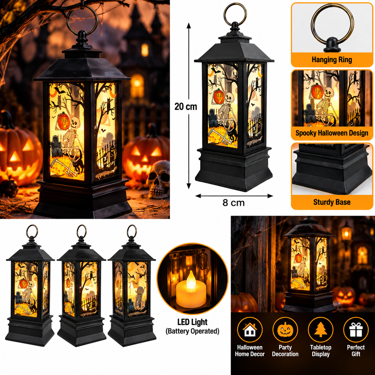 Halloween LED Skeleton Lantern, Battery Operated, 20x8CM
