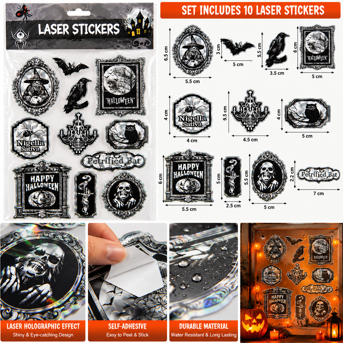 Halloween Gothic Laser Sticker Set, 10PCS
