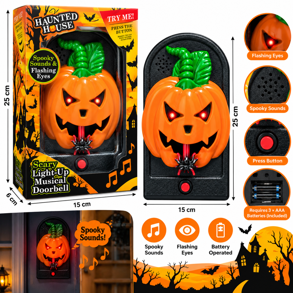 Halloween Pumpkin Musical Doorbell with Flashing Eyes, 25x15CM