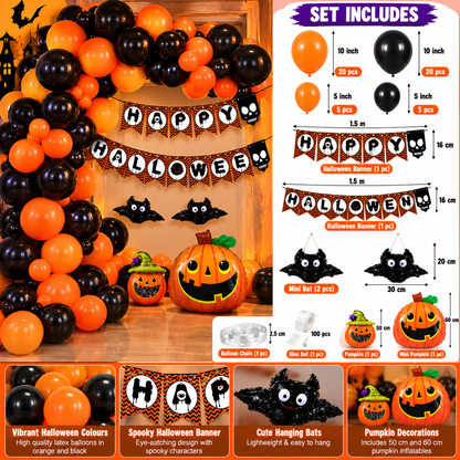 Halloween Balloon Garland Arch Decoration Kit – 50 Balloons with Pumpkin, Bats & Happy Halloween Banner