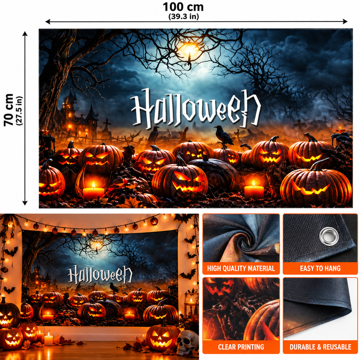 Halloween Pumpkin Haunted Graveyard Backdrop, 100 x 70CM