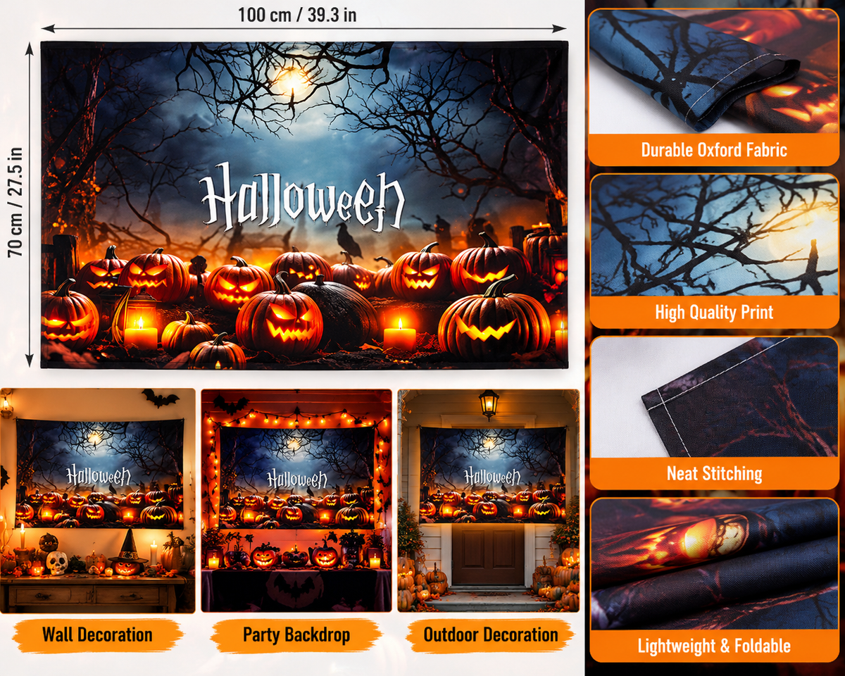 Halloween Pumpkin & Haunted Forest Party Backdrop – 100 × 70 cm