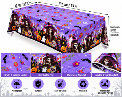 Halloween Skeleton & Sugar Skull Plastic Tablecloth – Purple Rectangular Party Table Cover 137 × 183 cm