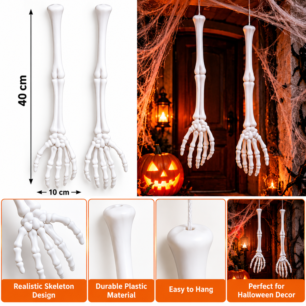 Halloween Skeleton Arm Decorations, White Plastic Bone Hands Hanging Props, Pack of 2, 40CM